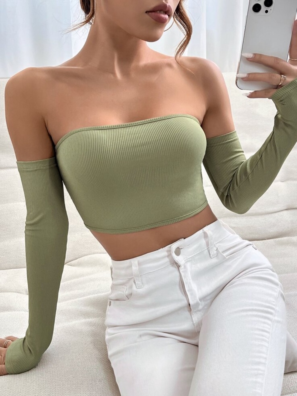 SHEIN Olive Green Off-Shoulder Ribbed Crop Top with Removable Sleeves